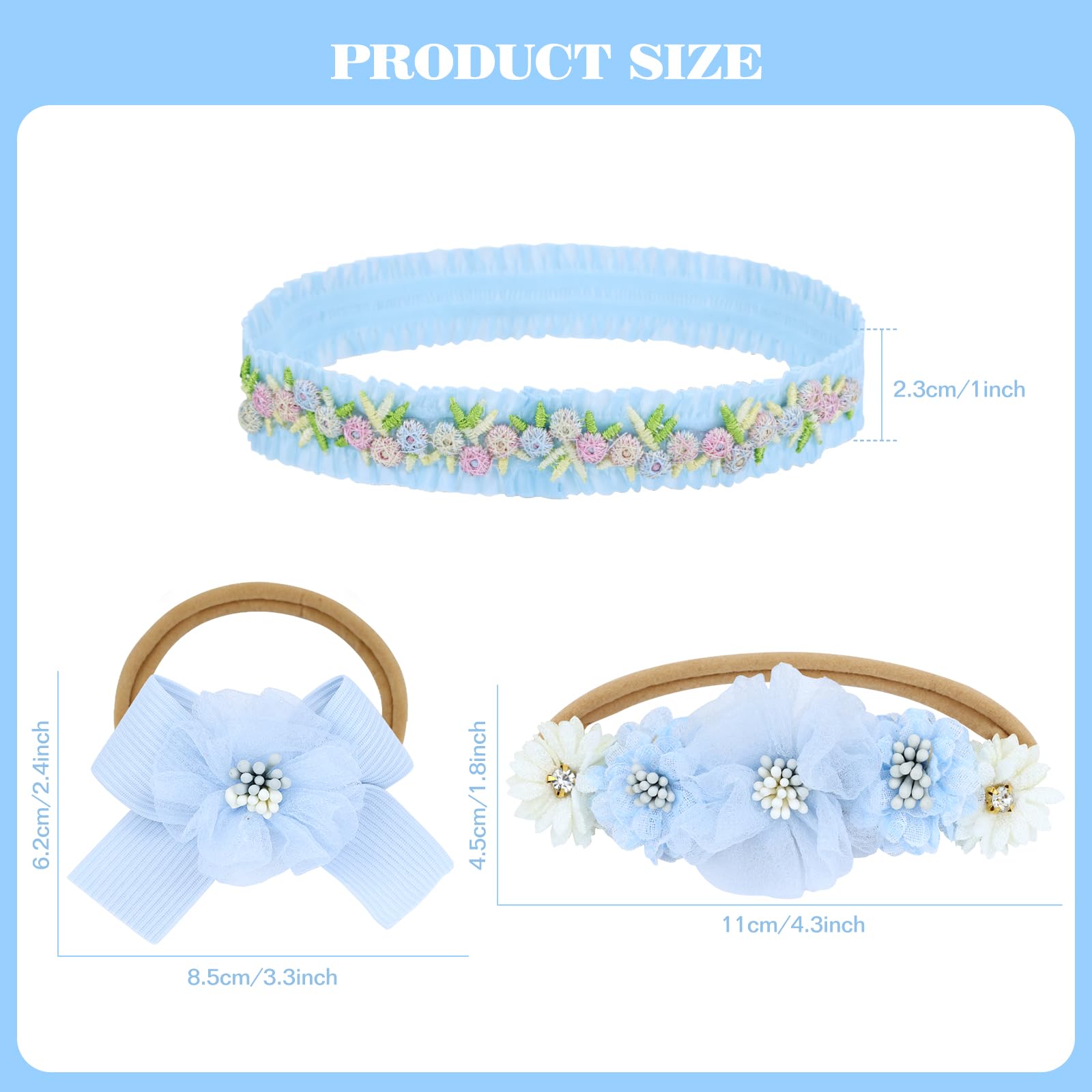 Dizila light blue lace headband for newborns, gentle stretch ensures easy dressing and fit.