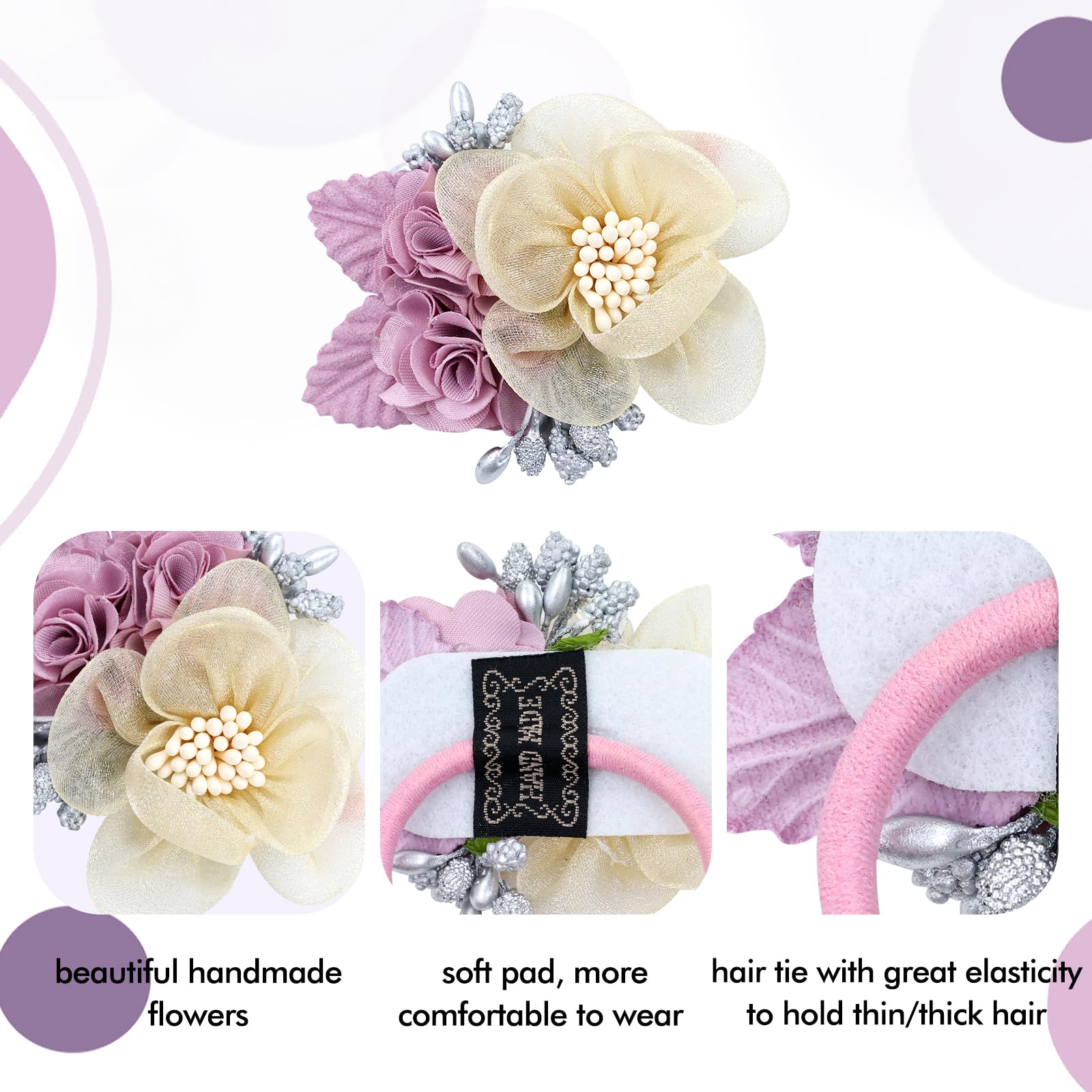 Dizila pink-ivory-beige blossoms styled in a kid’s ponytail for versatility.