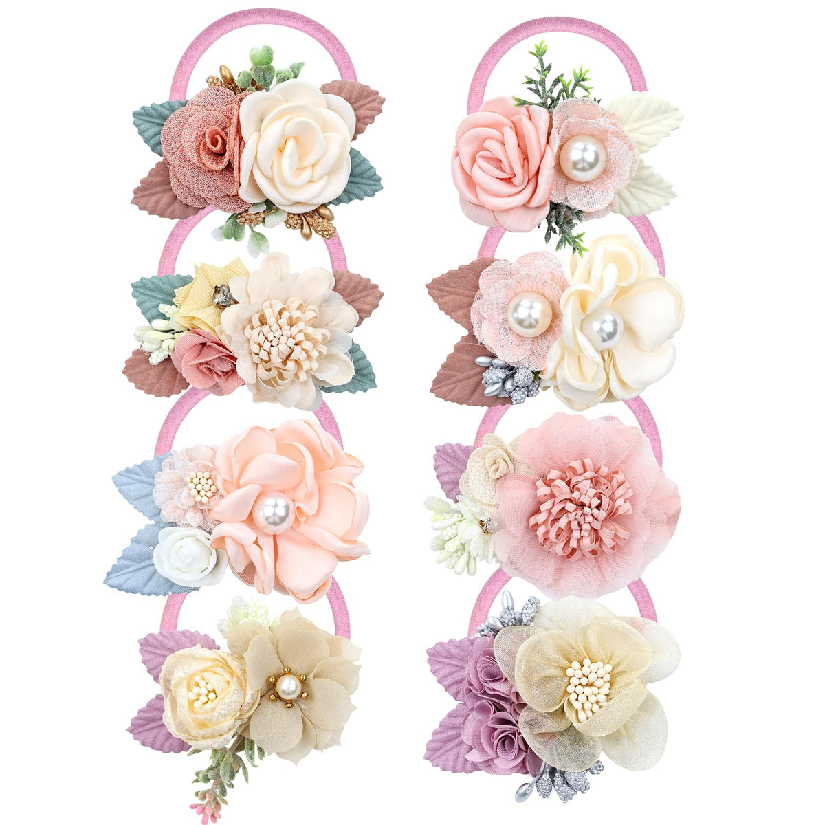 Dizila pink-ivory flower hair tie close-up shows secure hold for toddlers.