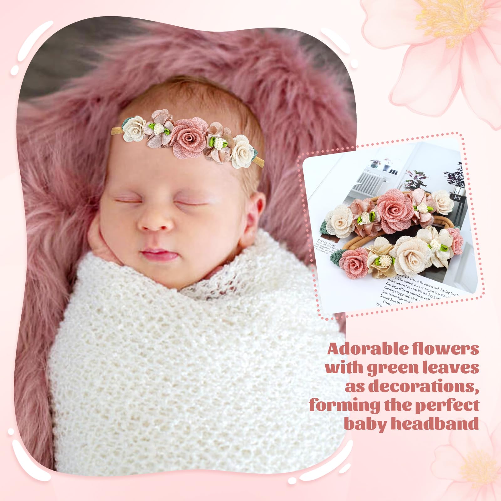 Dizila newborn-friendly flower headband demonstrates soft stretch for tiny heads.