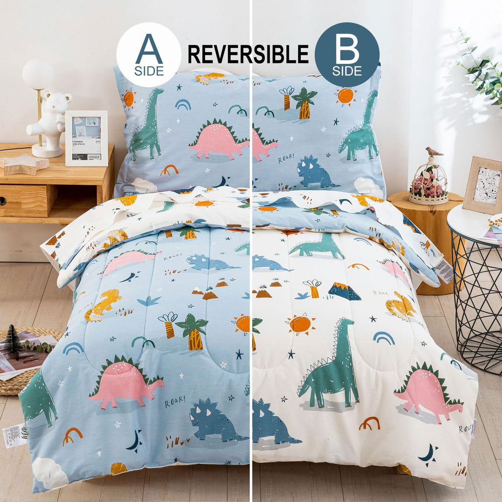 DJY blue-white reversible comforter closeup shows bright dinosaurs for kid-friendly decor