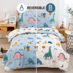 DJY blue-white reversible comforter closeup shows bright dinosaurs for kid-friendly decor