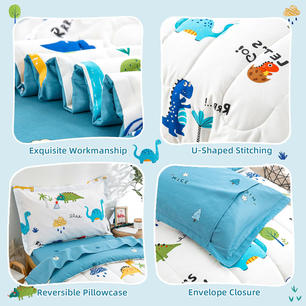 DJY dinosaur-pattern bedding close-up highlights vibrant print and kid-friendly design