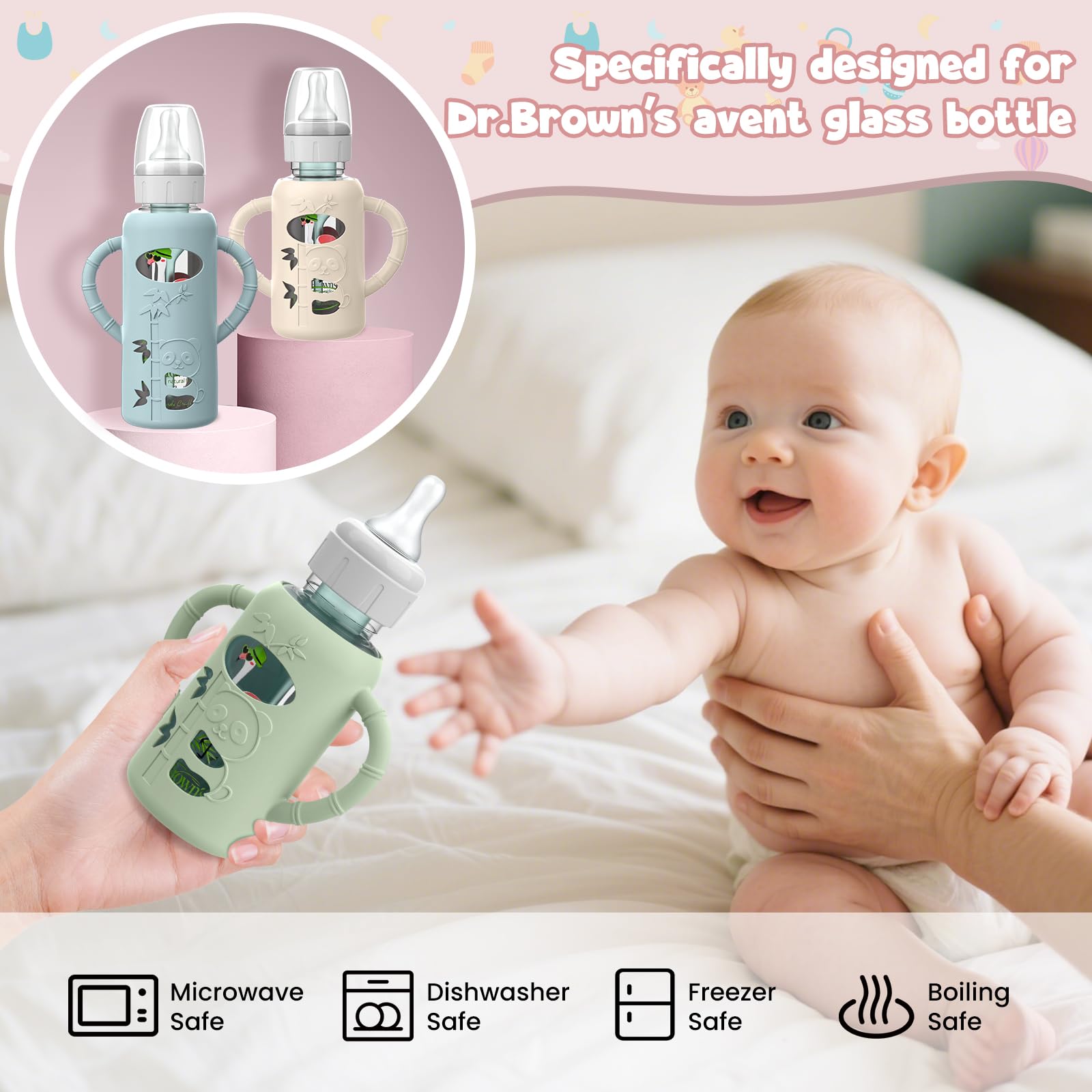Dlozrak Dr Brown sleeve on a 4 oz bottle facilitates easy grip during feeding.