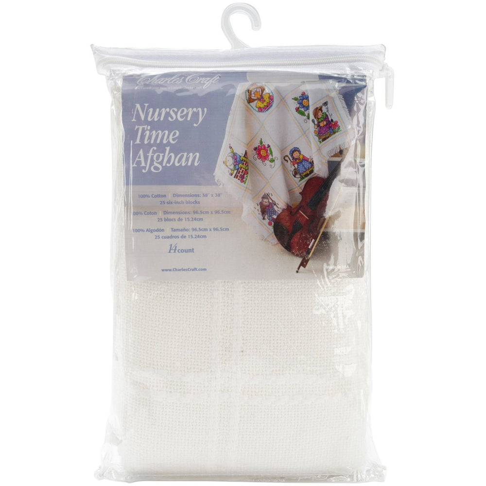 DMC Nursery Time Afghan front view in antique white shows cozy baby warmth with 100% cotton.