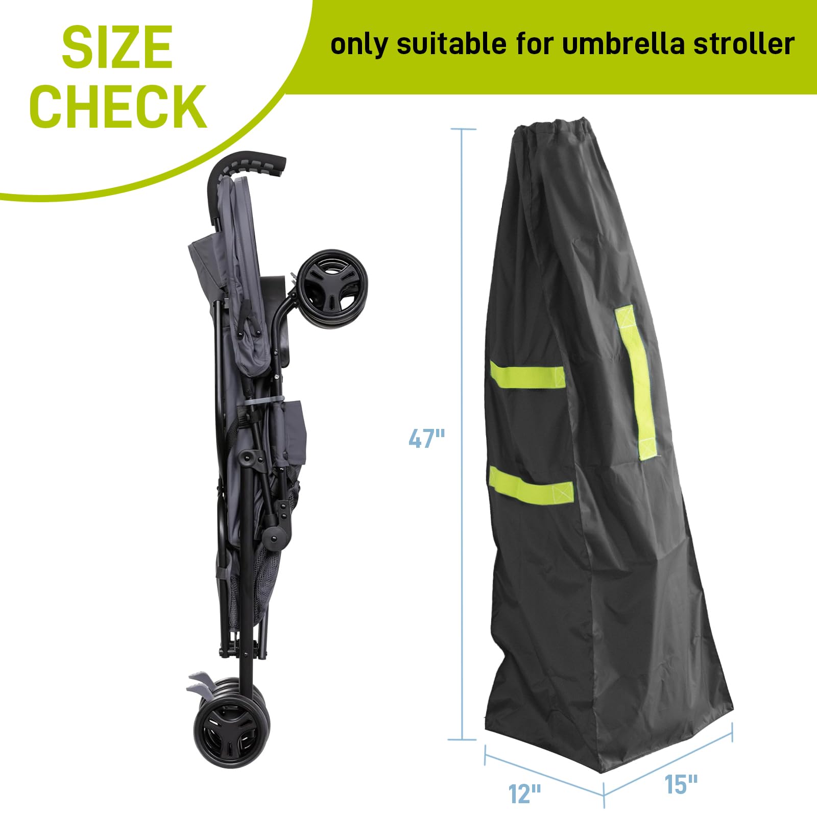 DMS PROTECTOR umbrella stroller bag shows durable, water-resistant material ready for travel.