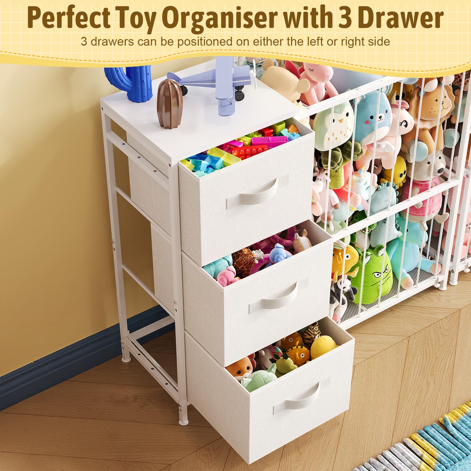 Dmticoasis metal stuffed animal storage drawer closeup shows fabric drawers for tidy sorting.