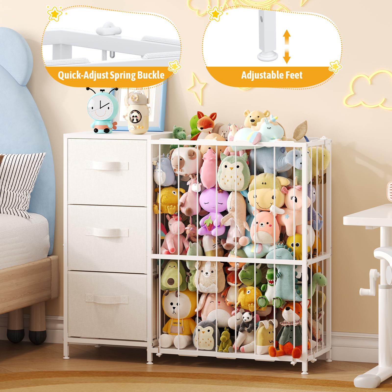 Dmticoasis metal stuffed animal storage side profile highlights space-saving design.