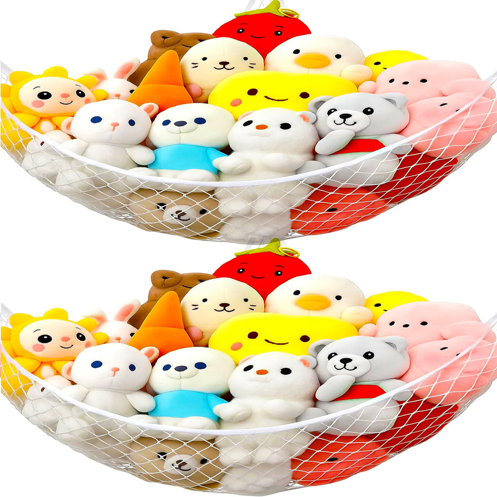 Dntorx stuffed animal hammock installed in a corner for spacious toy storage.