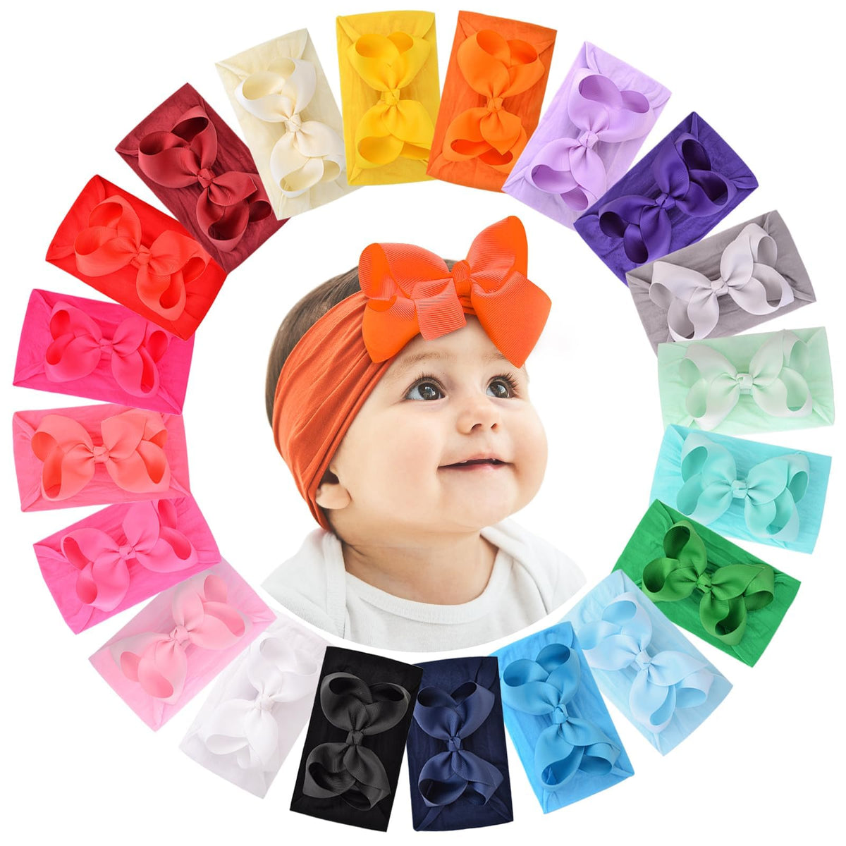 doboi 20pcs headbands and bows set with 4-inch nylon headbands for newborns to toddlers, comfortable fit