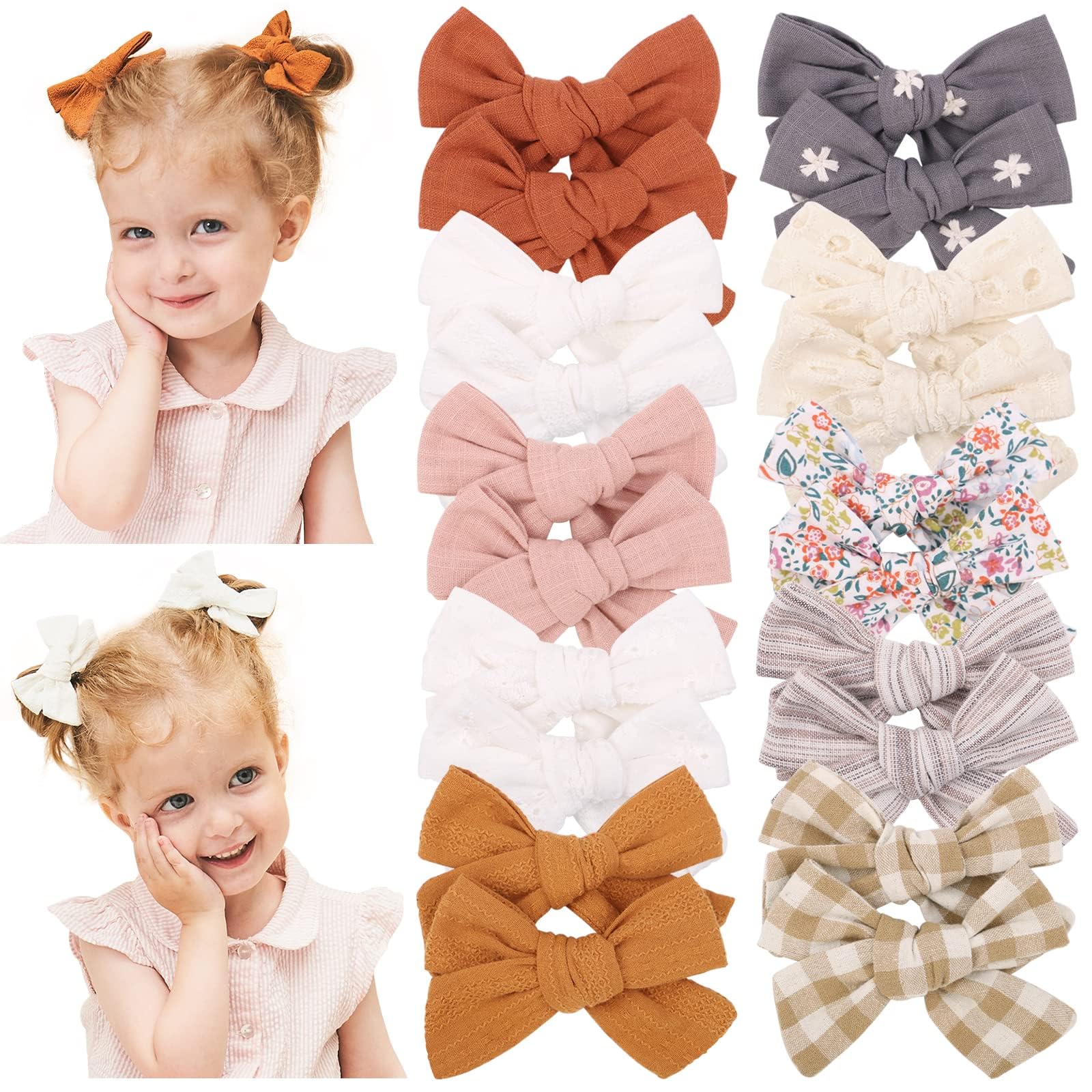 doboi baby girls linen hair bow 3-6in with fully lined clip for gentle hold.