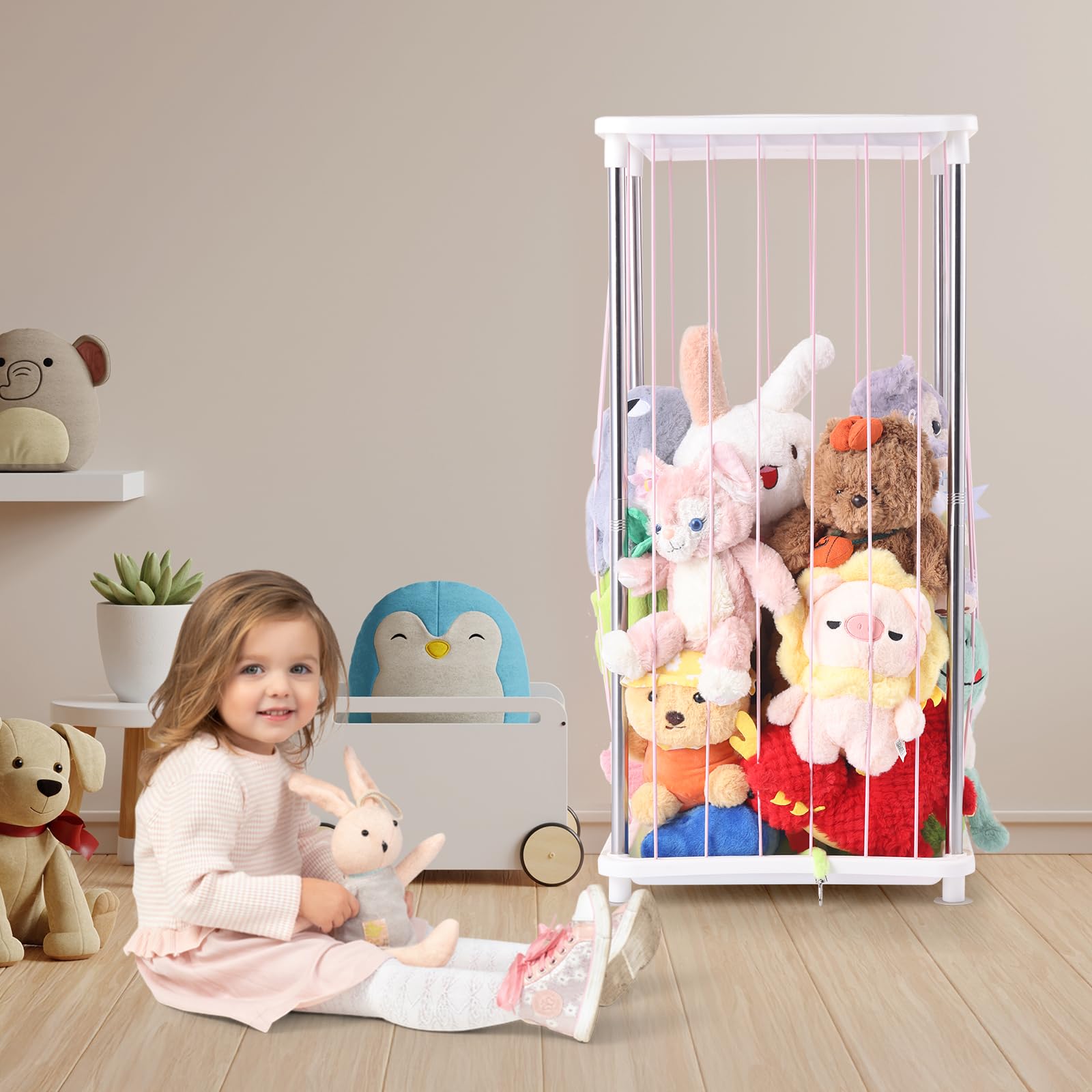 DOCEPERT stuffed animal storage zoo multifunction use front view demonstrates toy and pillow storage