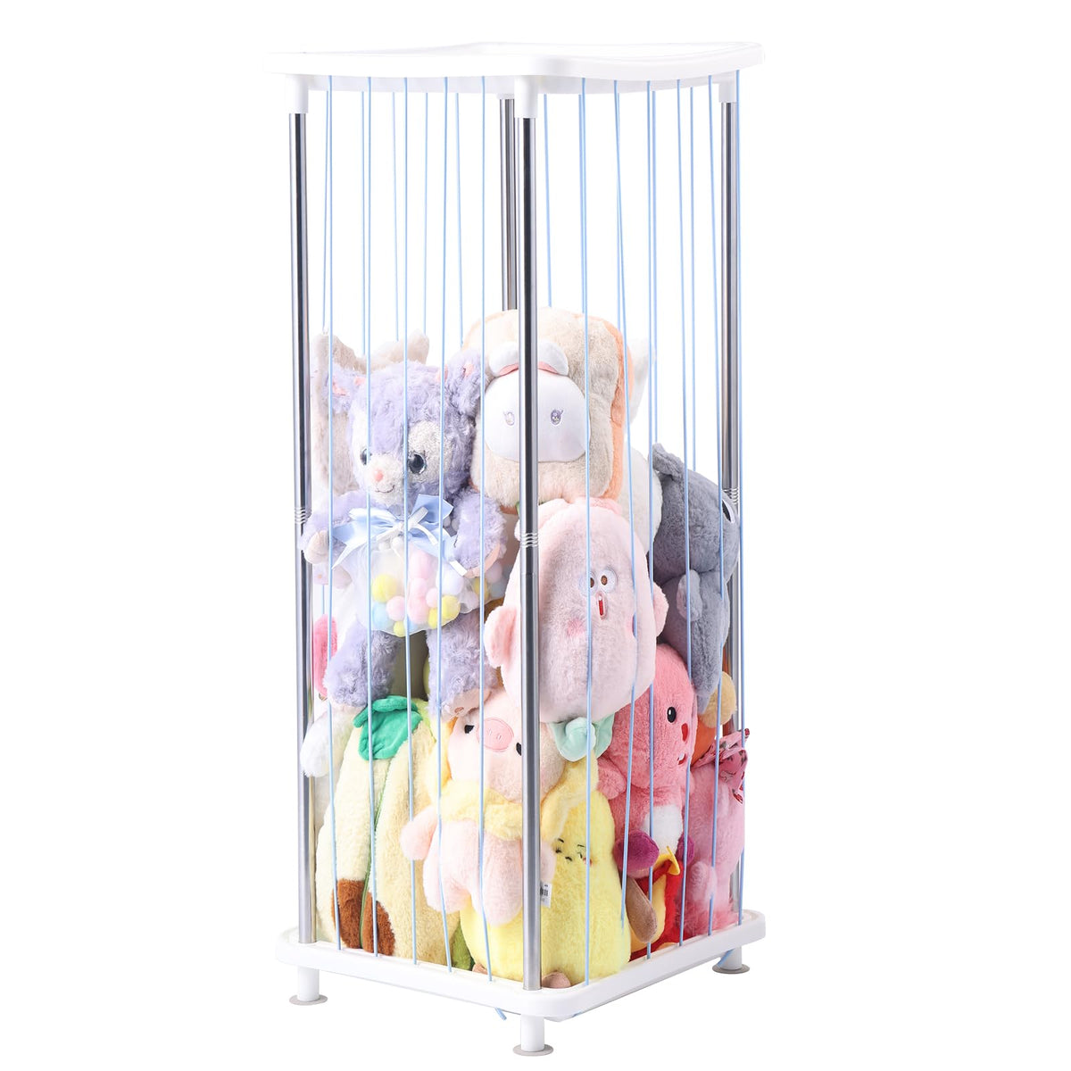 DOCEPERT stuffed animal storage blue front view highlights a sturdy PP plastic frame for plush toys