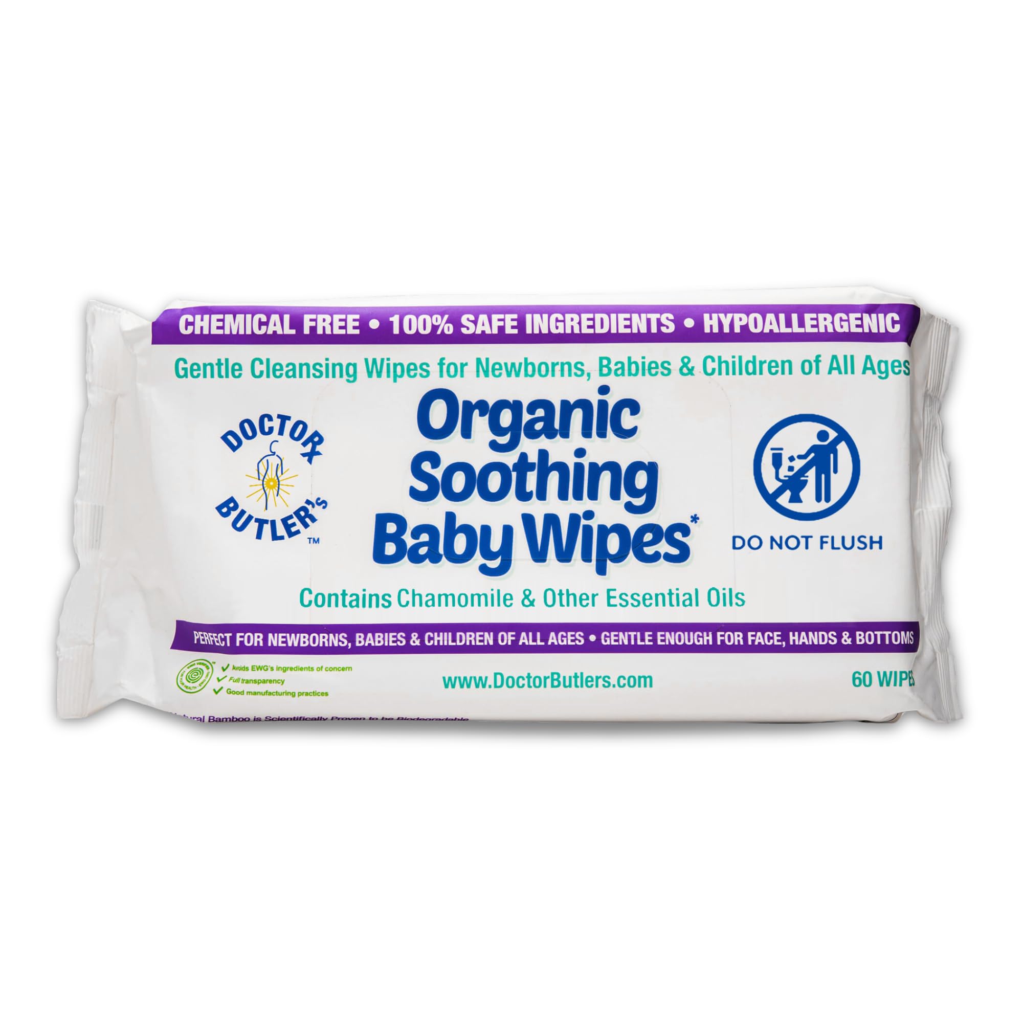 Doctor Butler's Organic Baby Wipes 60-wipes pack for quick, gentle cleansing during diaper changes.