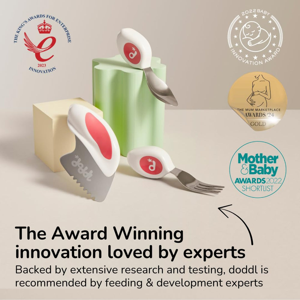 doddl easy-grip handle - ergonomic design helps toddlers maneuver utensils.