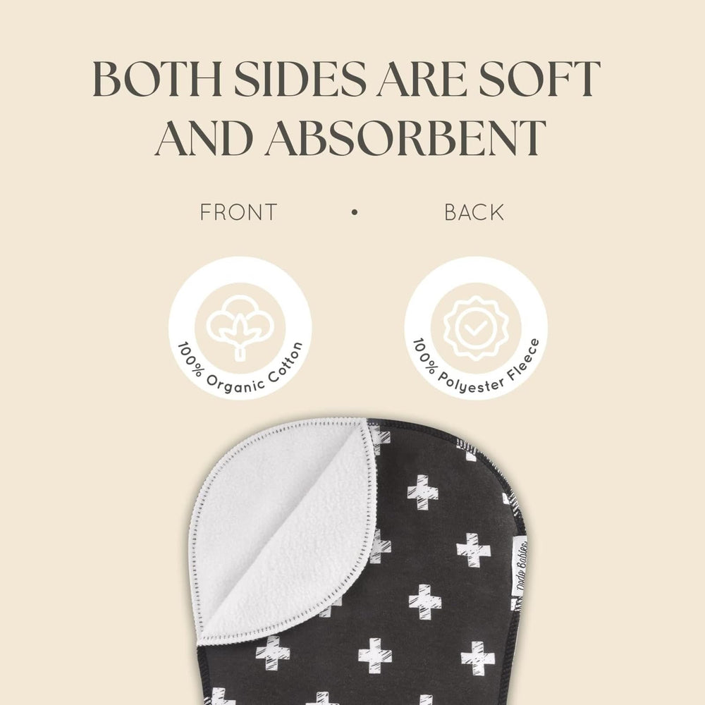Dodo Babies 5-pack burp cloths black pattern close-up, plush fleece back adds warmth and durability.