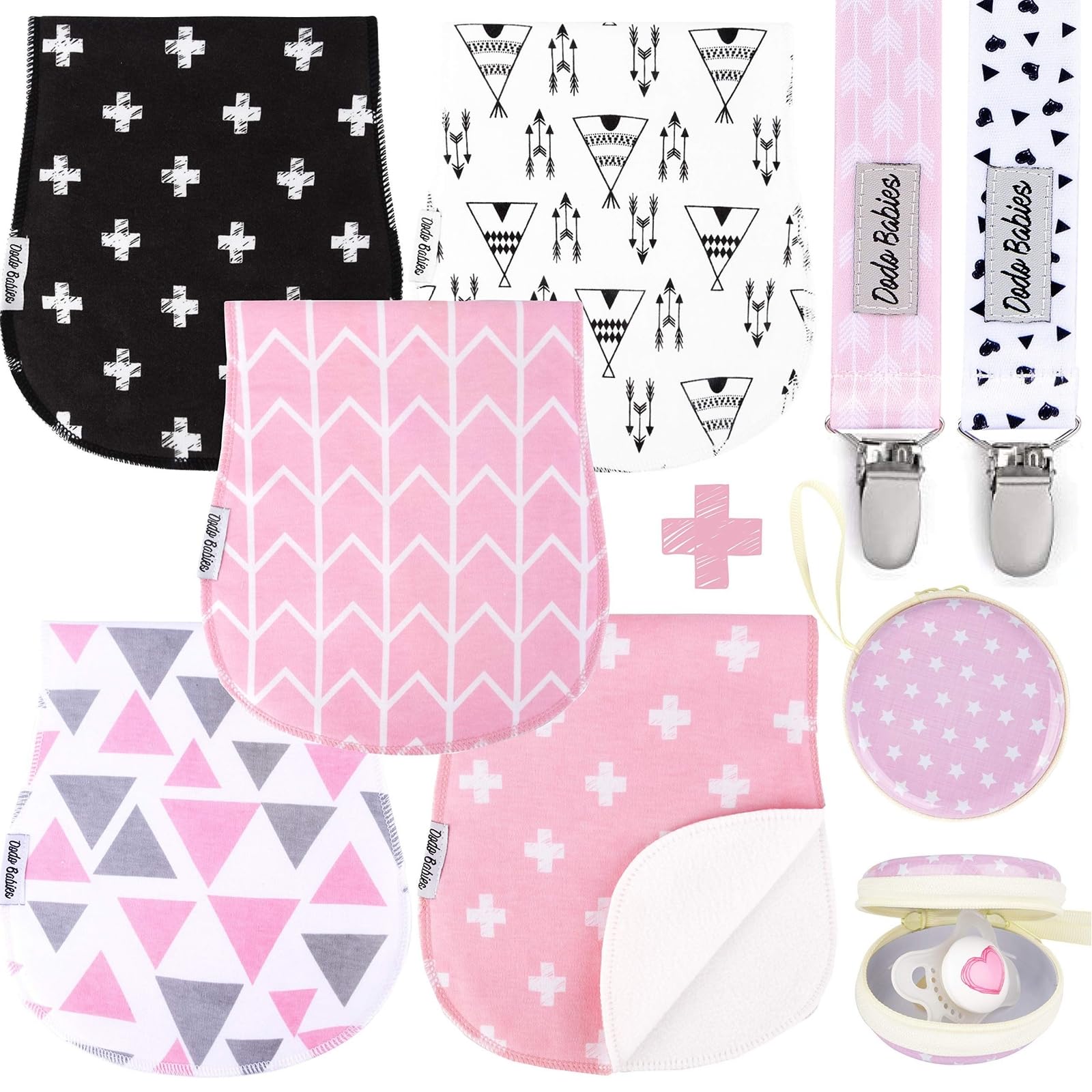 Dodo Babies 5-pack burp cloths pink pattern close-up, soft organic cotton against baby's skin for gentle comfort.