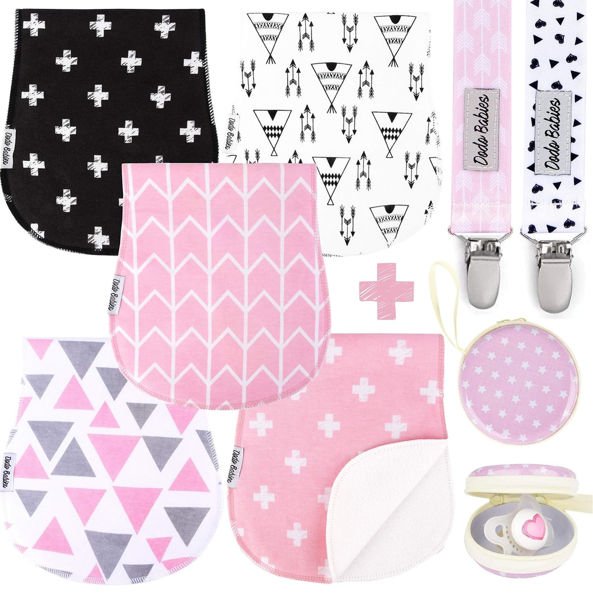 Dodo Babies 5-pack burp cloths pink pattern close-up, soft organic cotton against baby's skin for gentle comfort.