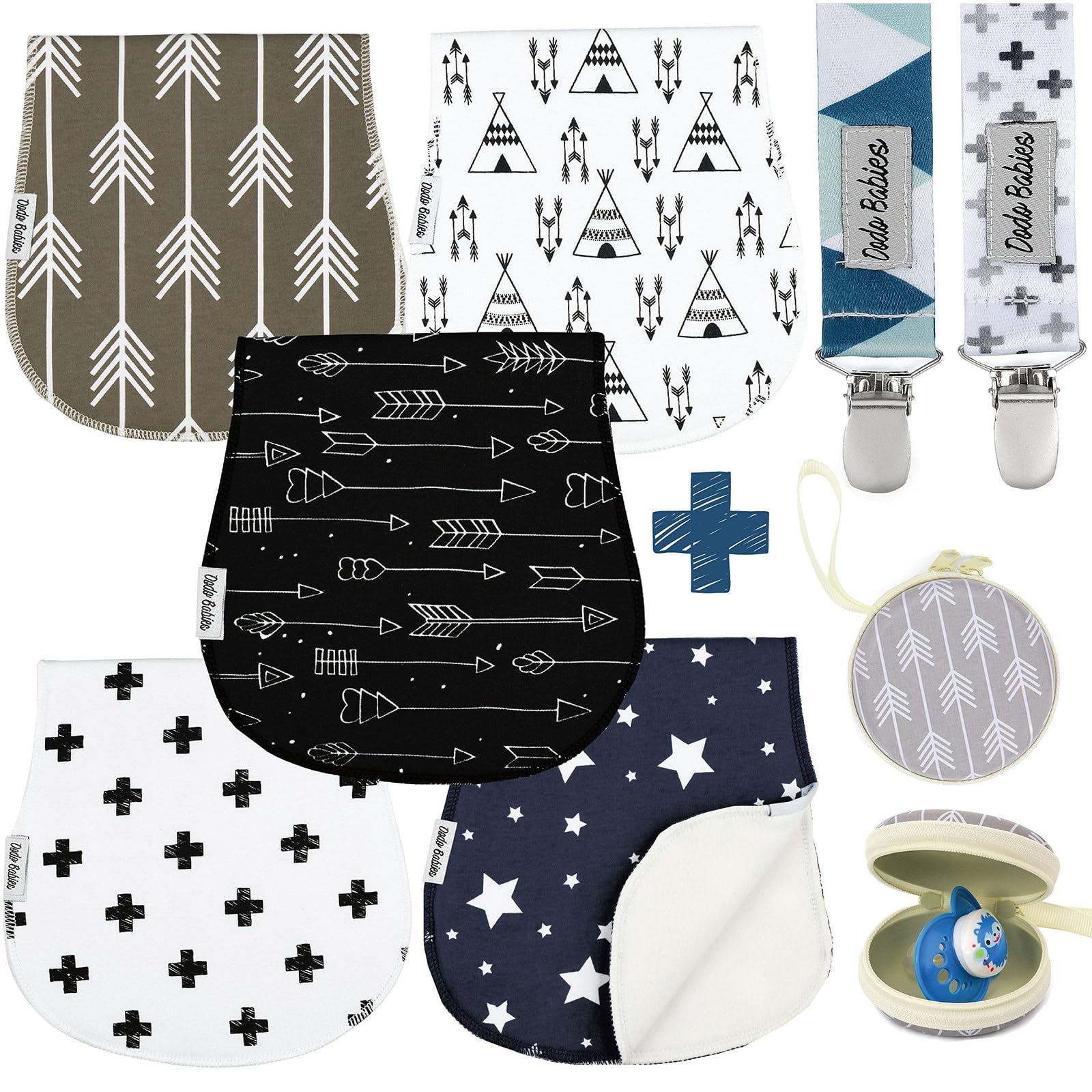 Dodo Babies 5-pack burp cloths with soft-touch fabric for gentle newborn care.