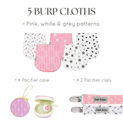 Dodo Babies contoured burp cloth hugs the shoulder, protecting outfits from spit-up.