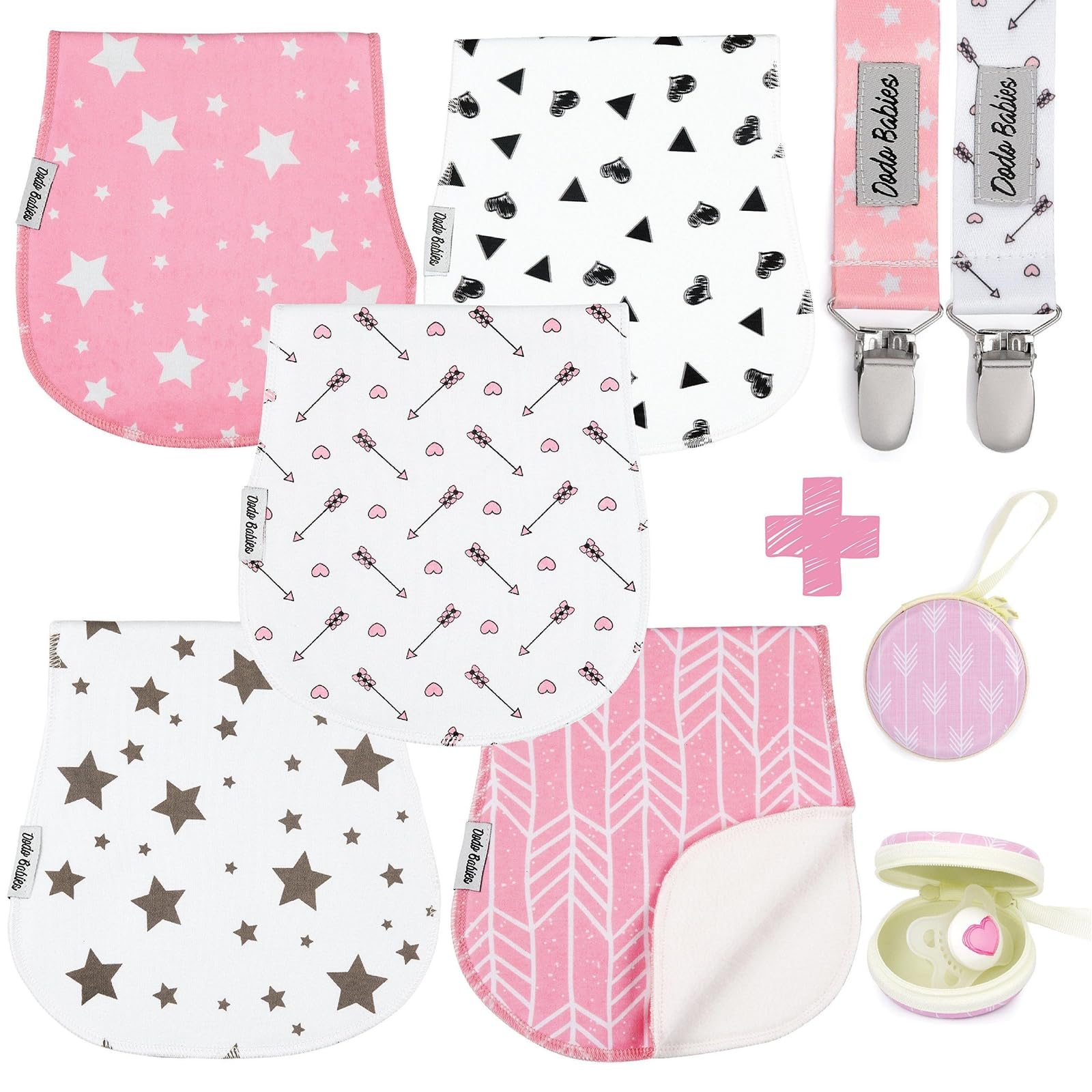 Dodo Babies 5-pack burp cloths folded in pastel tones protect outfits during feeds.