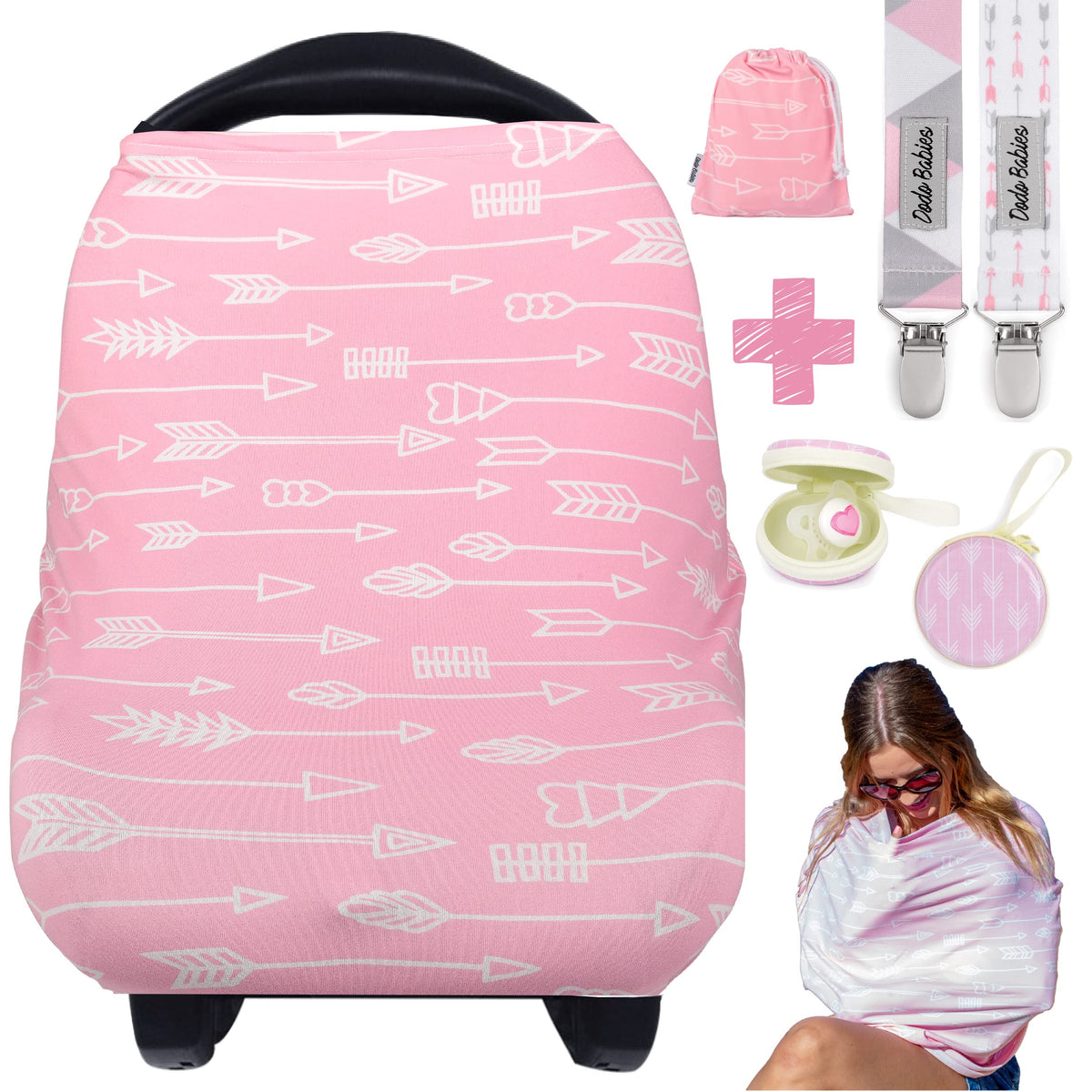 Dodo Babies cotton nursing car seat cover in pink chevron for on-the-go privacy
