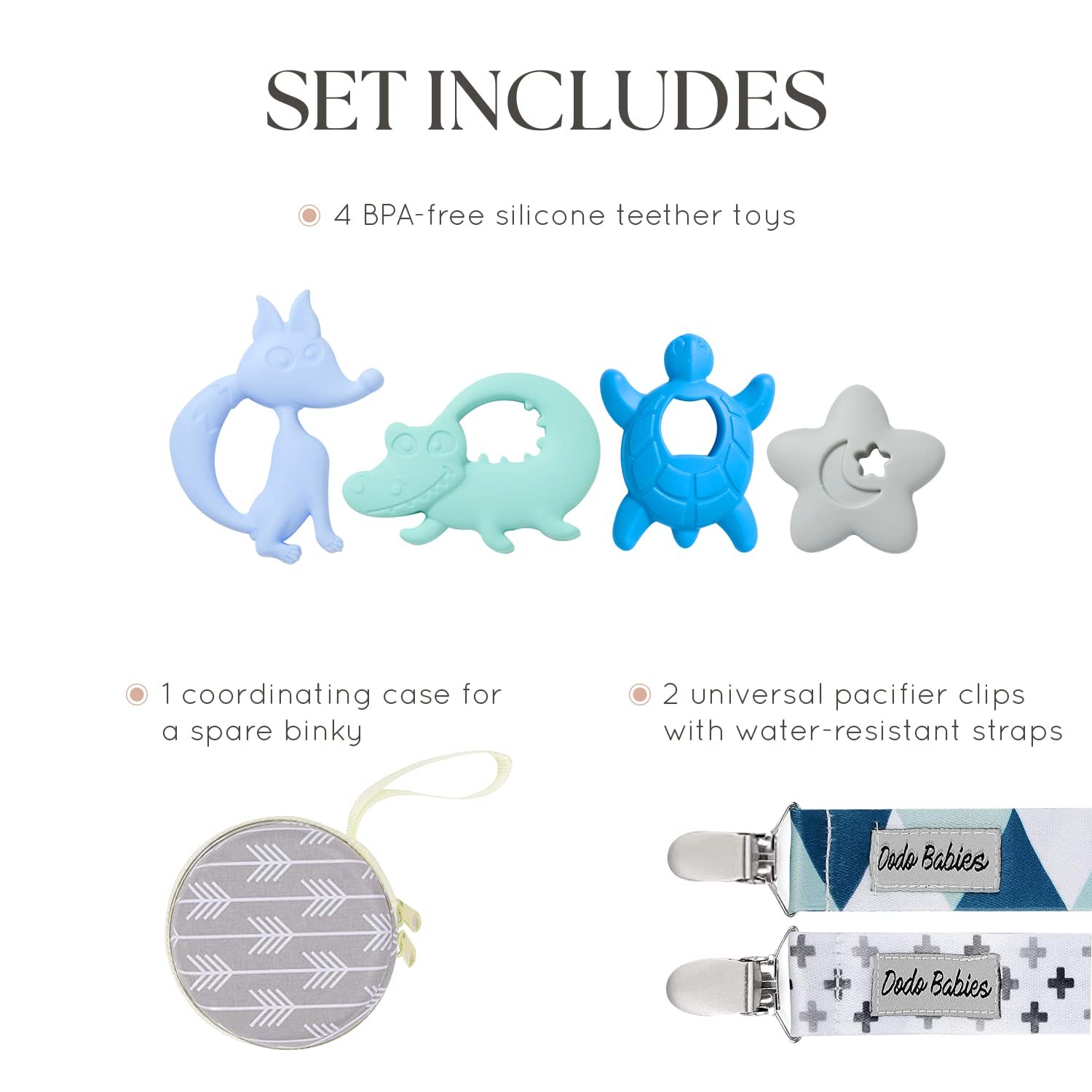 Dodo Babies pacifier clip-attachment keeps pacifier secure during daily activities.