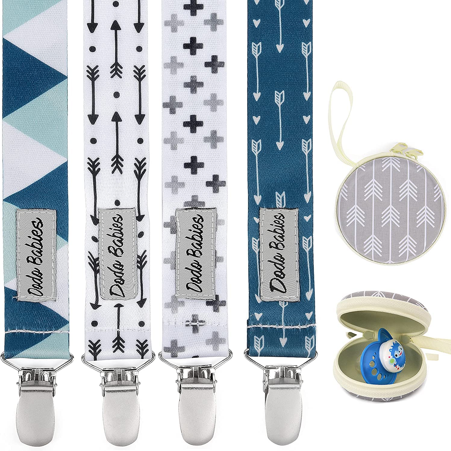 Dodo Babies pacifier clip with blue geo print keeps pacifiers secure on outfits