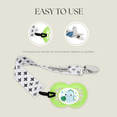 Dodo Babies pacifier clip with metal fastener provides durable attachment