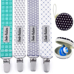 Dodo Babies pacifier clip set in teal blue grey flatlay shows color and style for outfits