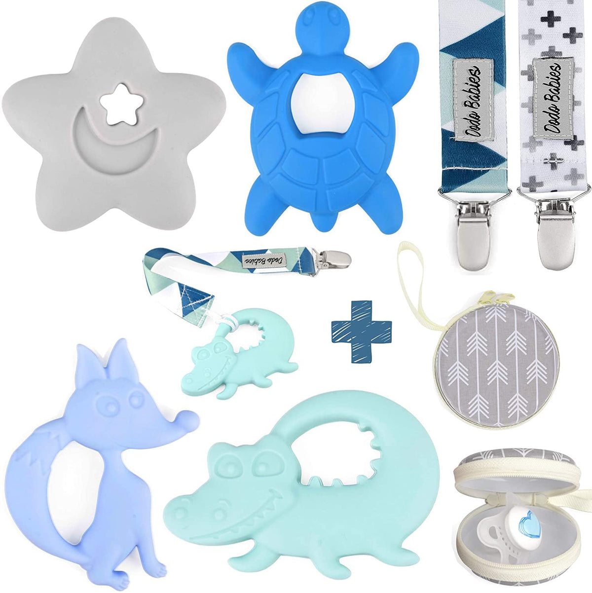 Dodo Babies teether clip set multicolor shown for on-the-go silicone relief.