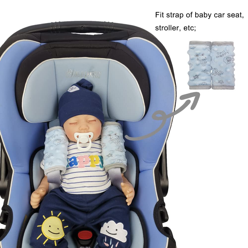 DODO NICI seat belt cushion blue dotted minky on baby shoulder for comfort