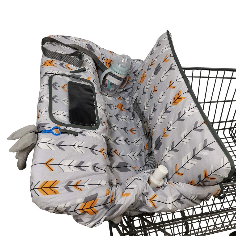 dodo-nici shopping cart cover in use during a grocery run.