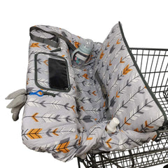 dodo-nici shopping cart cover in use during a grocery run.