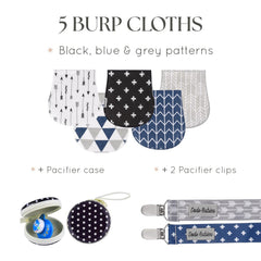 Dodo Babies burp cloths absorbent cotton front with plush backing for lasting dryness.