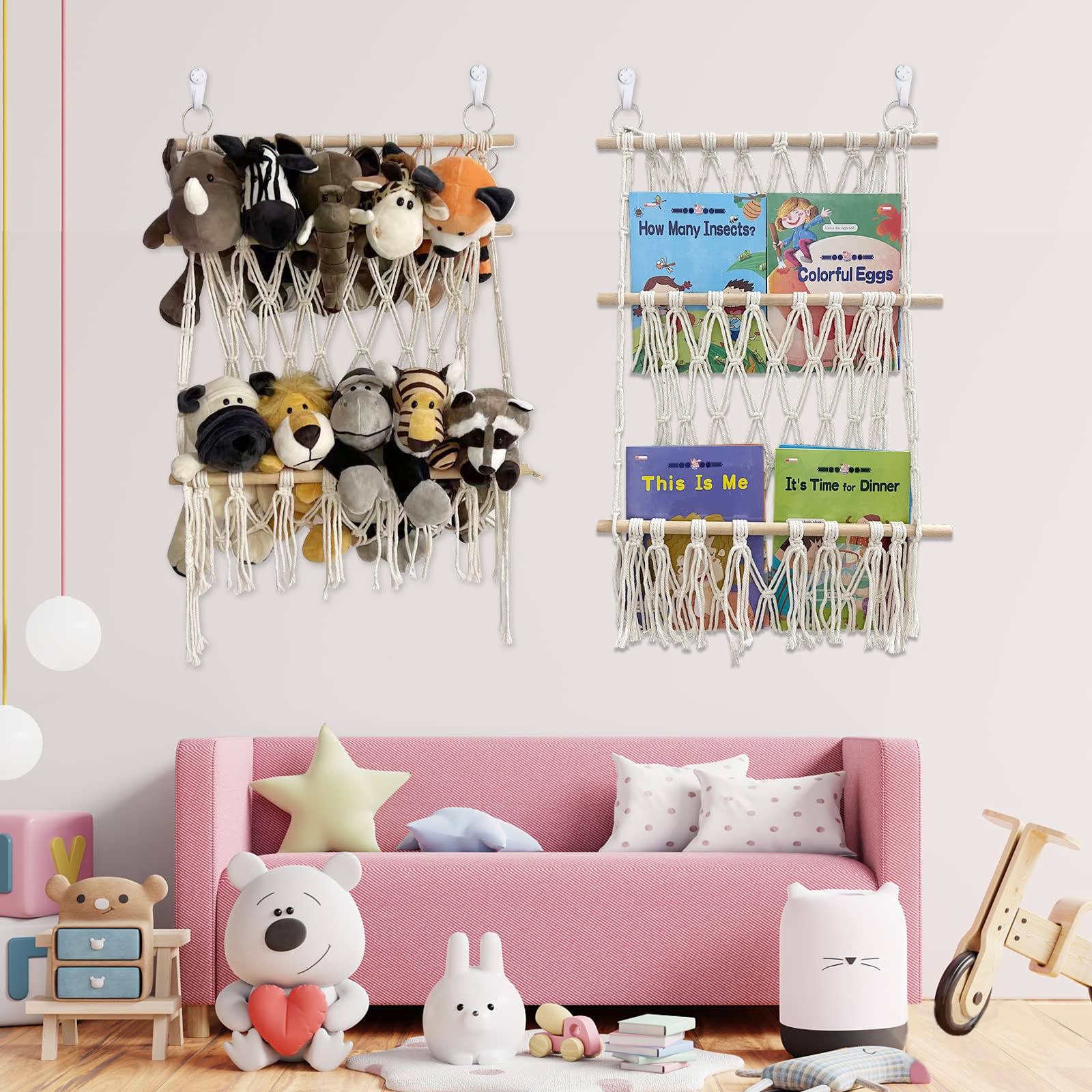 DOEGUAIY stuffed animal hammock in playroom demonstrates tidy corner storage