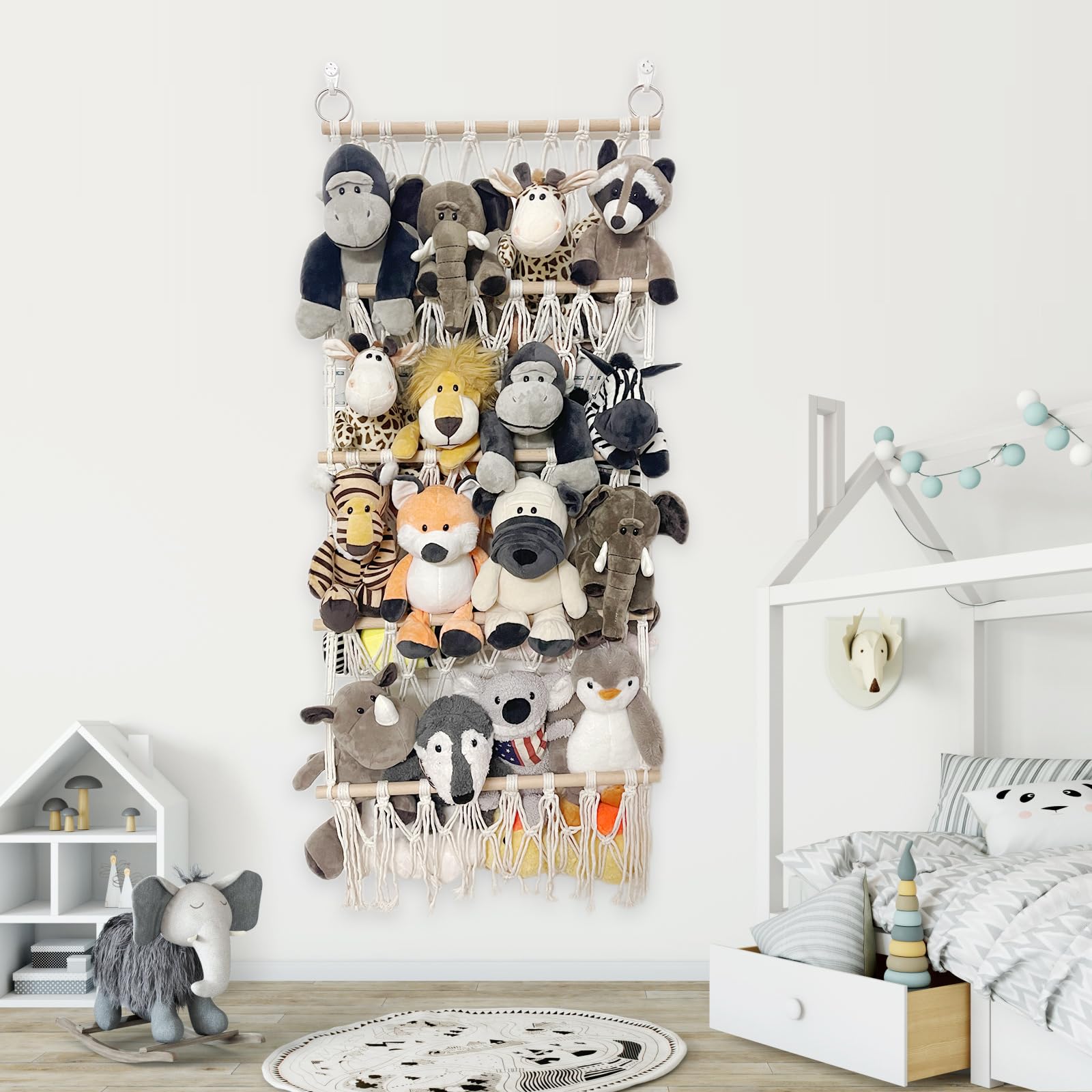 DOEGUAIY stuffed animal net hammock with metal rings and hooks for sturdy setup