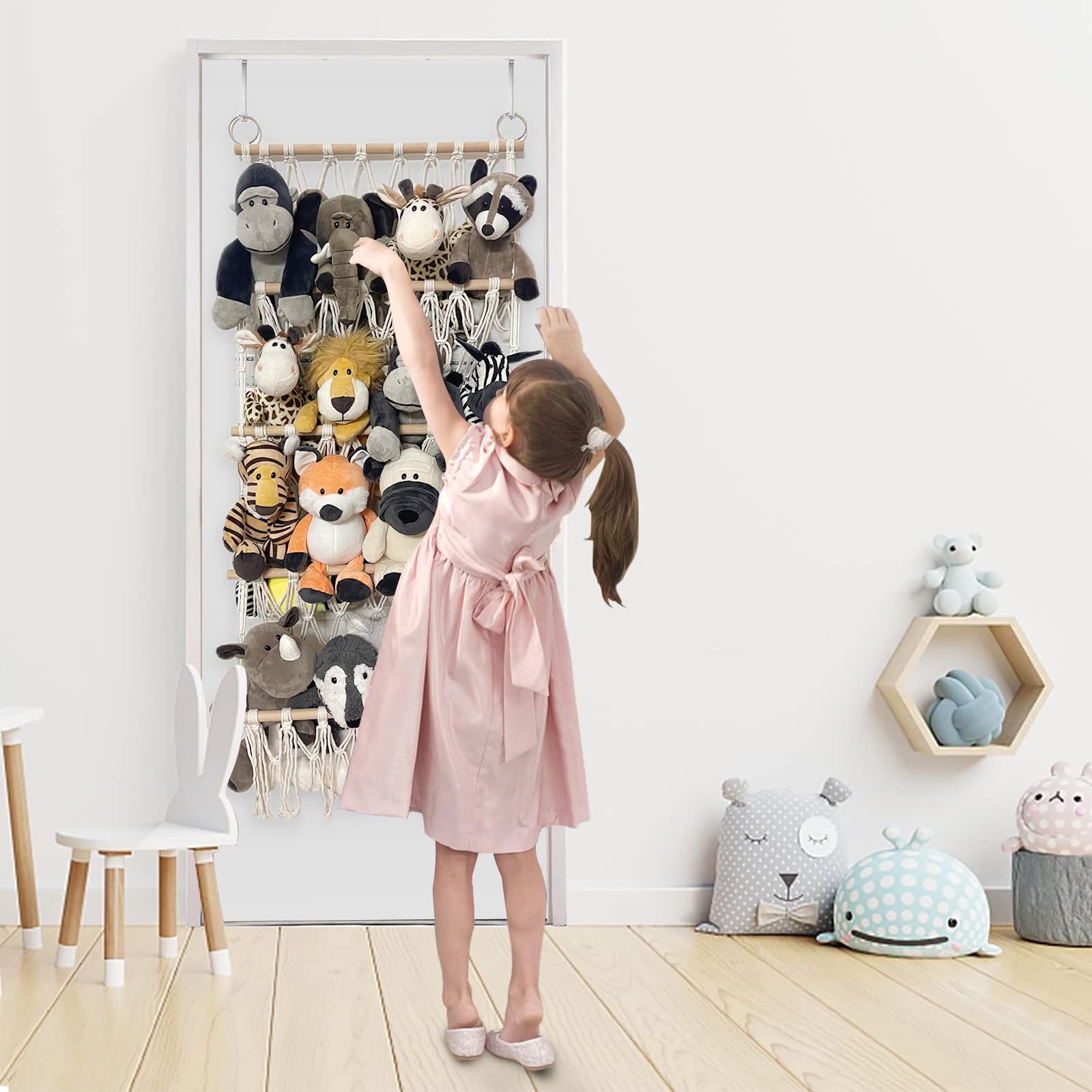DOEGUAIY stuffed animal net hammock organized playroom with plush toys and books