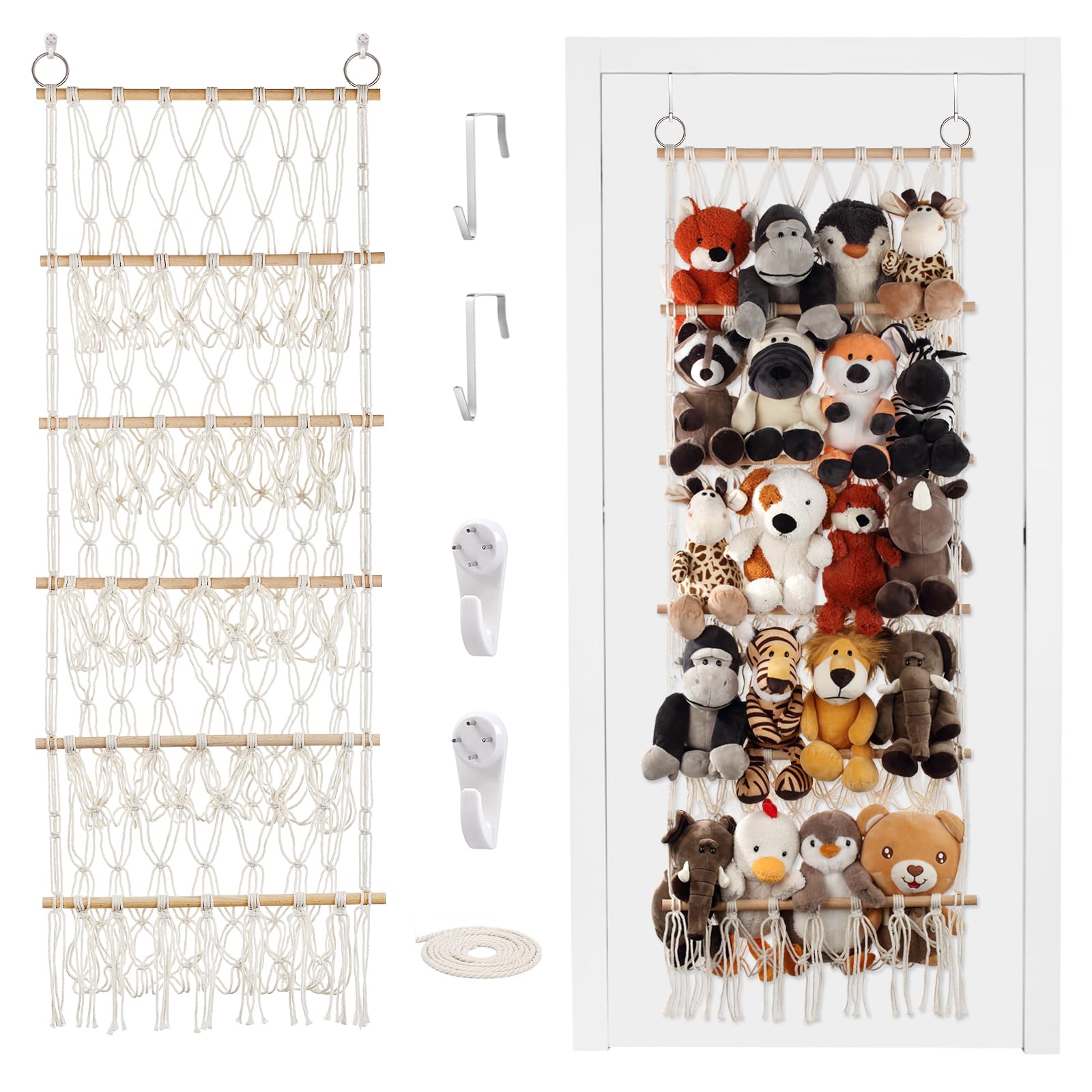 DOEGUAIY stuffed animal net hammock setup demonstrates generous five-layer storage for toys