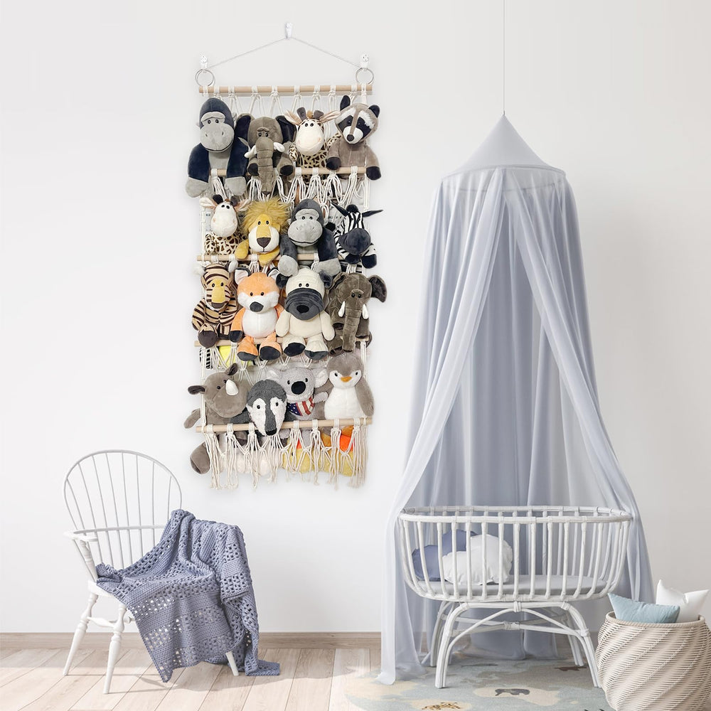DOEGUAIY stuffed animal net hammock space-saving wall storage in a playroom