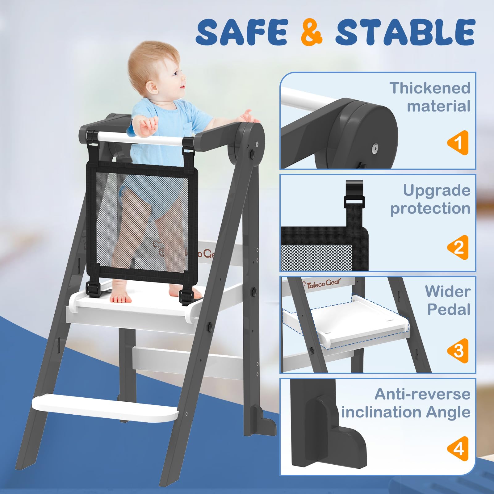 Doerpuz foldable toddler tower adjustable height showcases three levels for comfortable reaching.