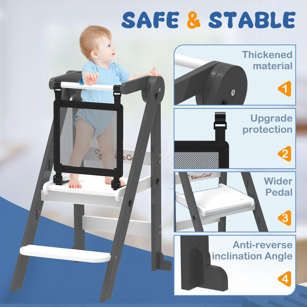 Doerpuz foldable toddler tower adjustable height showcases three levels for comfortable reaching.