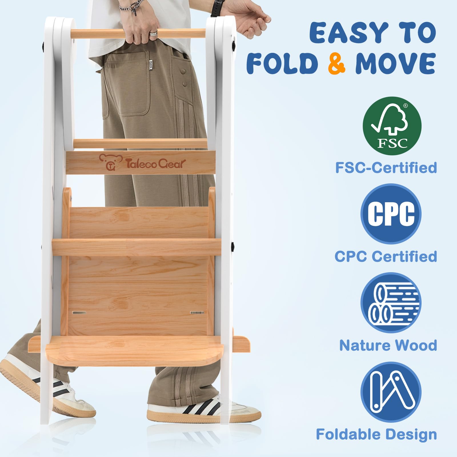 Doerpuz foldable toddler tower adjustable-height feature in use for growing kids.