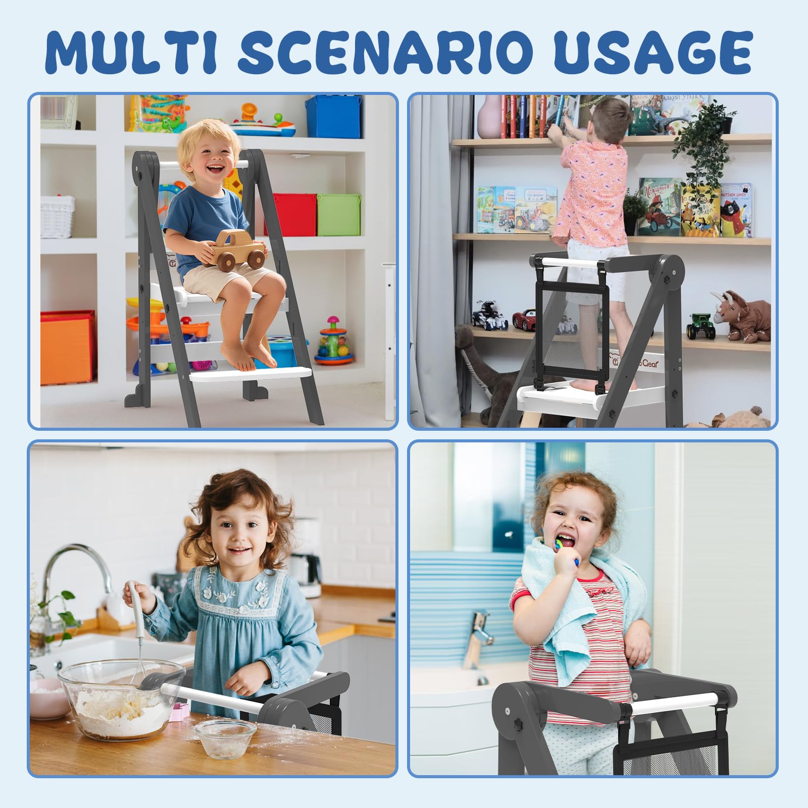 Doerpuz foldable toddler tower assembly-guide indicates easy setup and safe use.