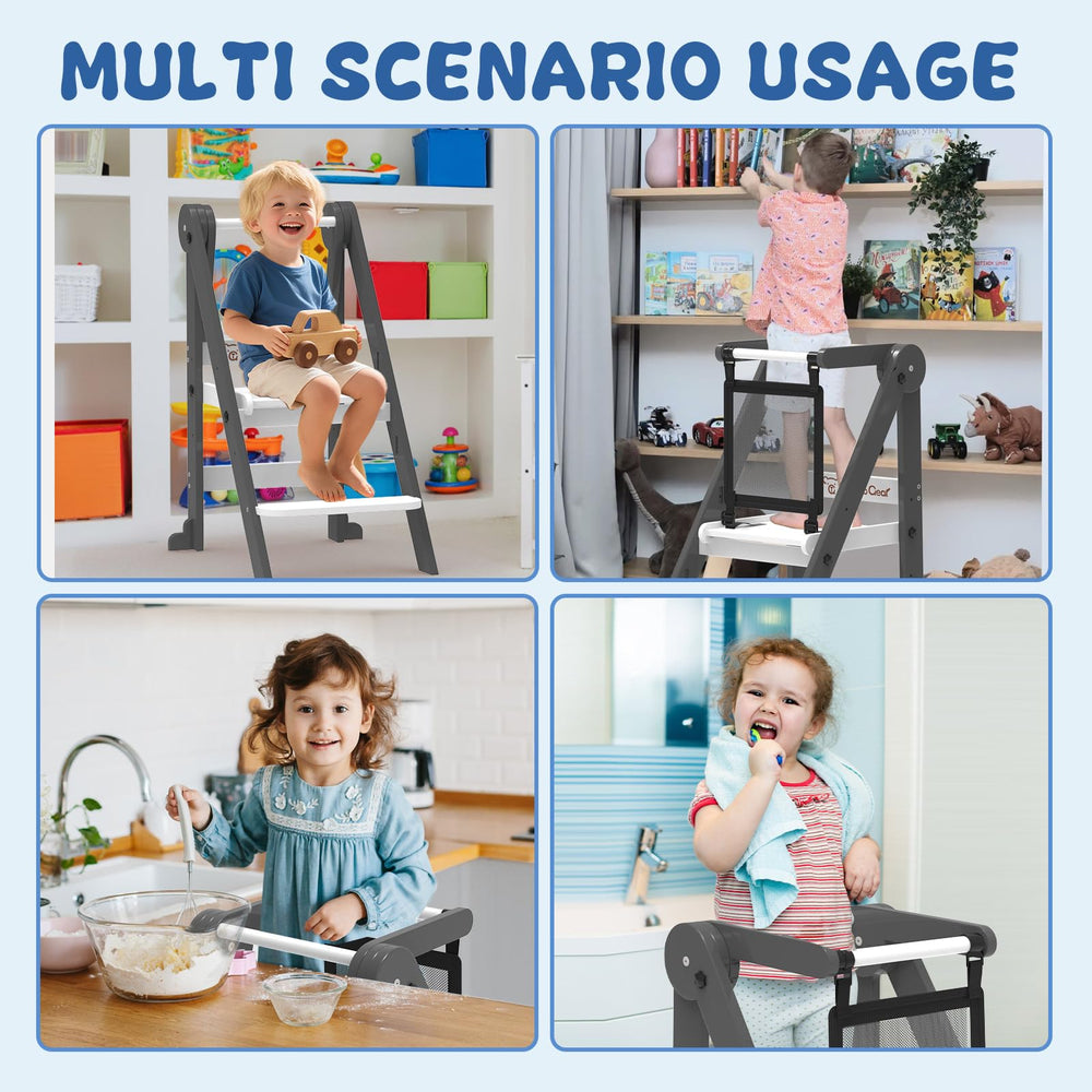Doerpuz foldable toddler tower assembly-guide indicates easy setup and safe use.