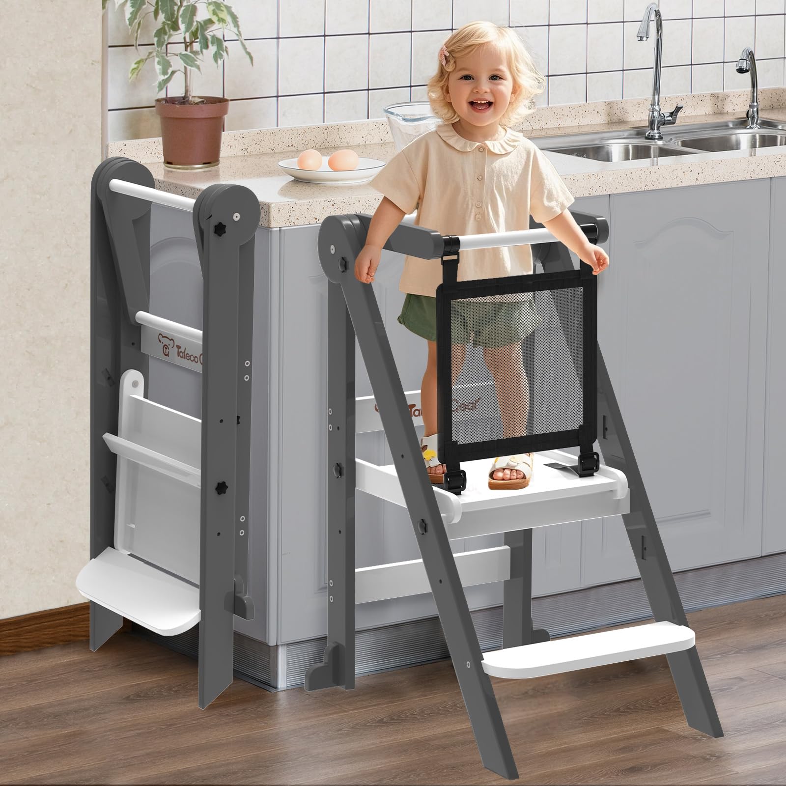 Doerpuz foldable toddler tower blue front view highlights sturdy design for safe kitchen learning.