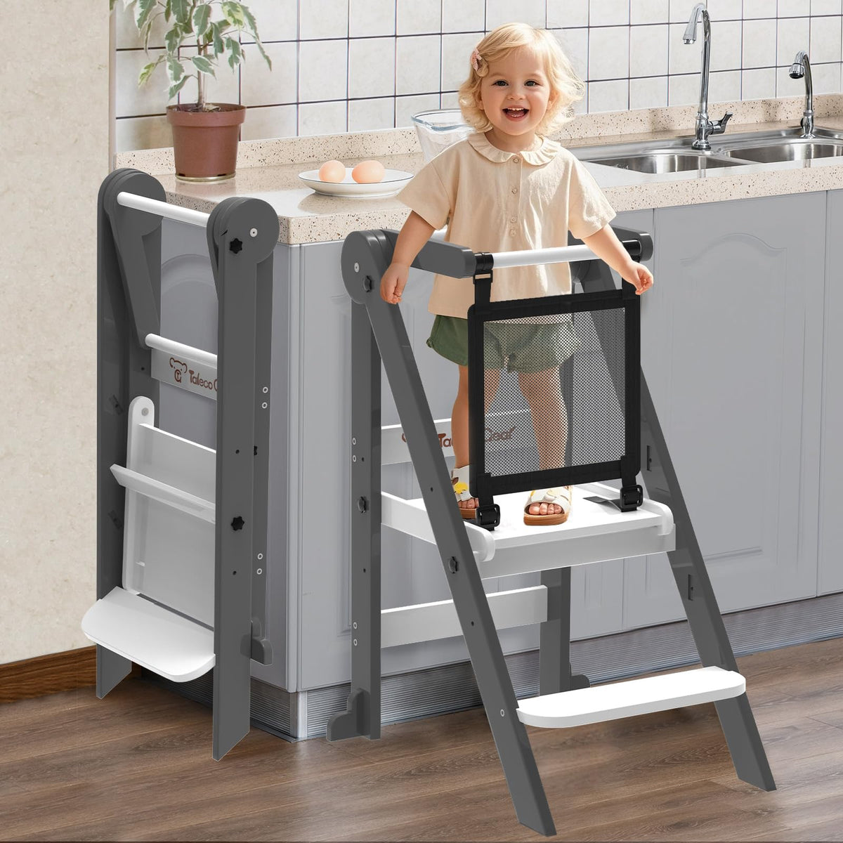 Doerpuz foldable toddler tower blue front view highlights sturdy design for safe kitchen learning.