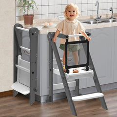 Doerpuz foldable toddler tower blue front view highlights sturdy design for safe kitchen learning.