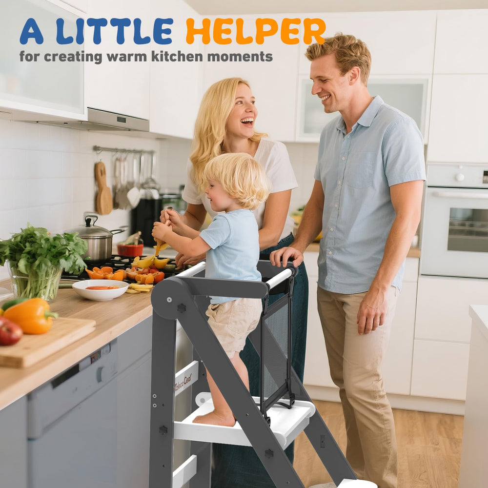 Doerpuz foldable toddler tower blue side view shows height-adjustable features for growing kids.