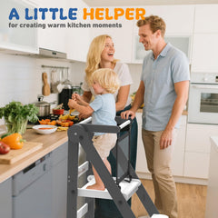 Doerpuz foldable toddler tower blue side view shows height-adjustable features for growing kids.